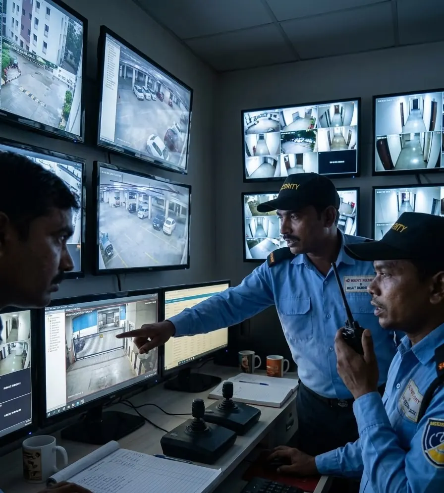 Security staff monitoring CCTV screens in a control room