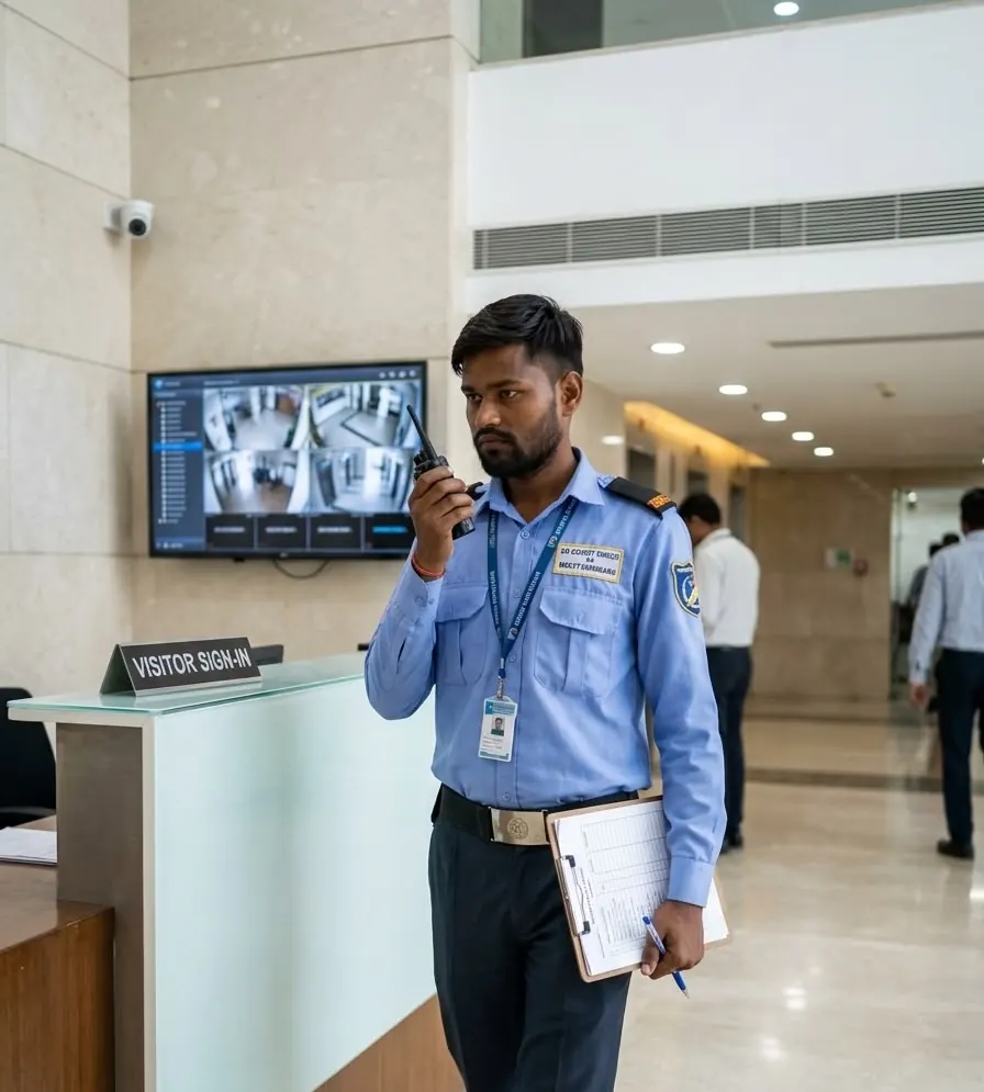 Security guard on duty in an office lobby near the visitor sign-in desk