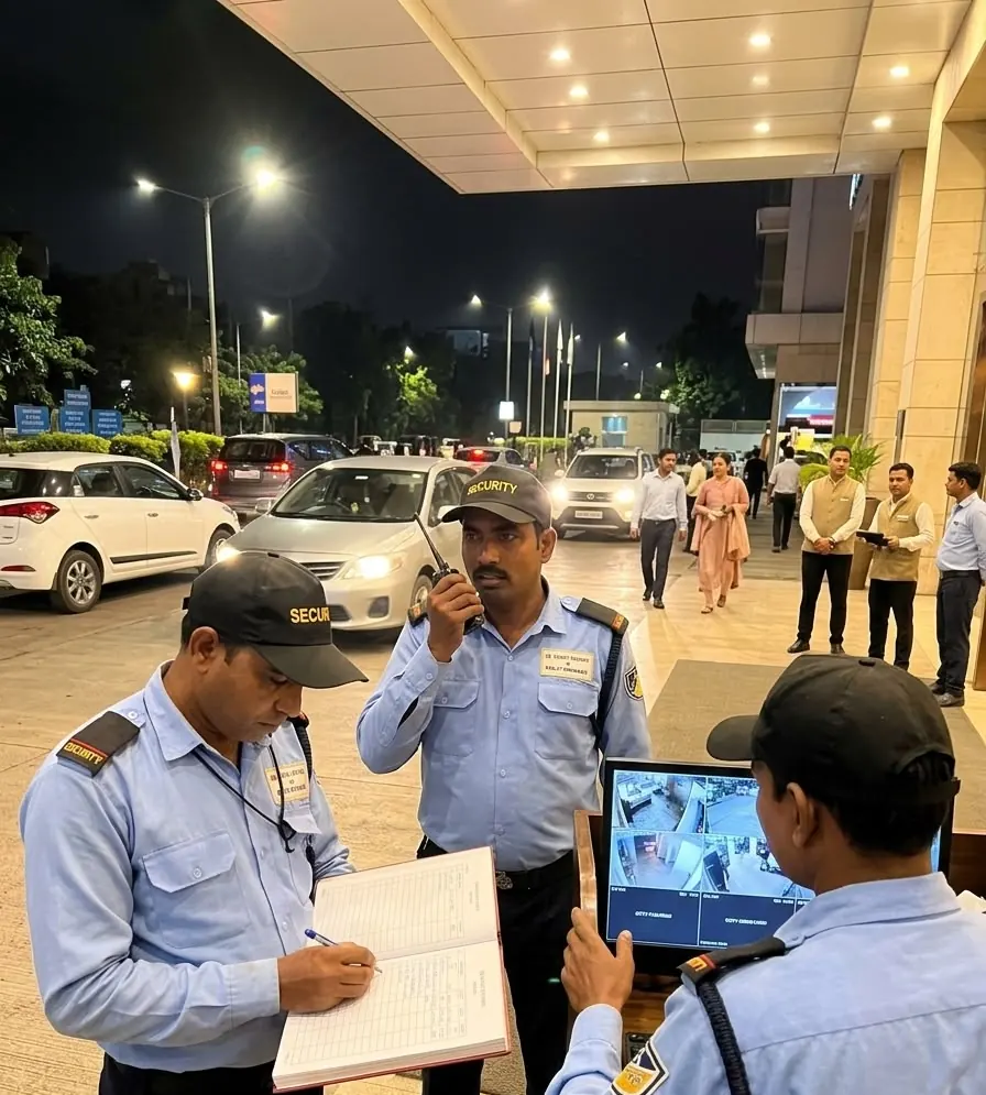 Guards on the night shift checking the register at a building entrance