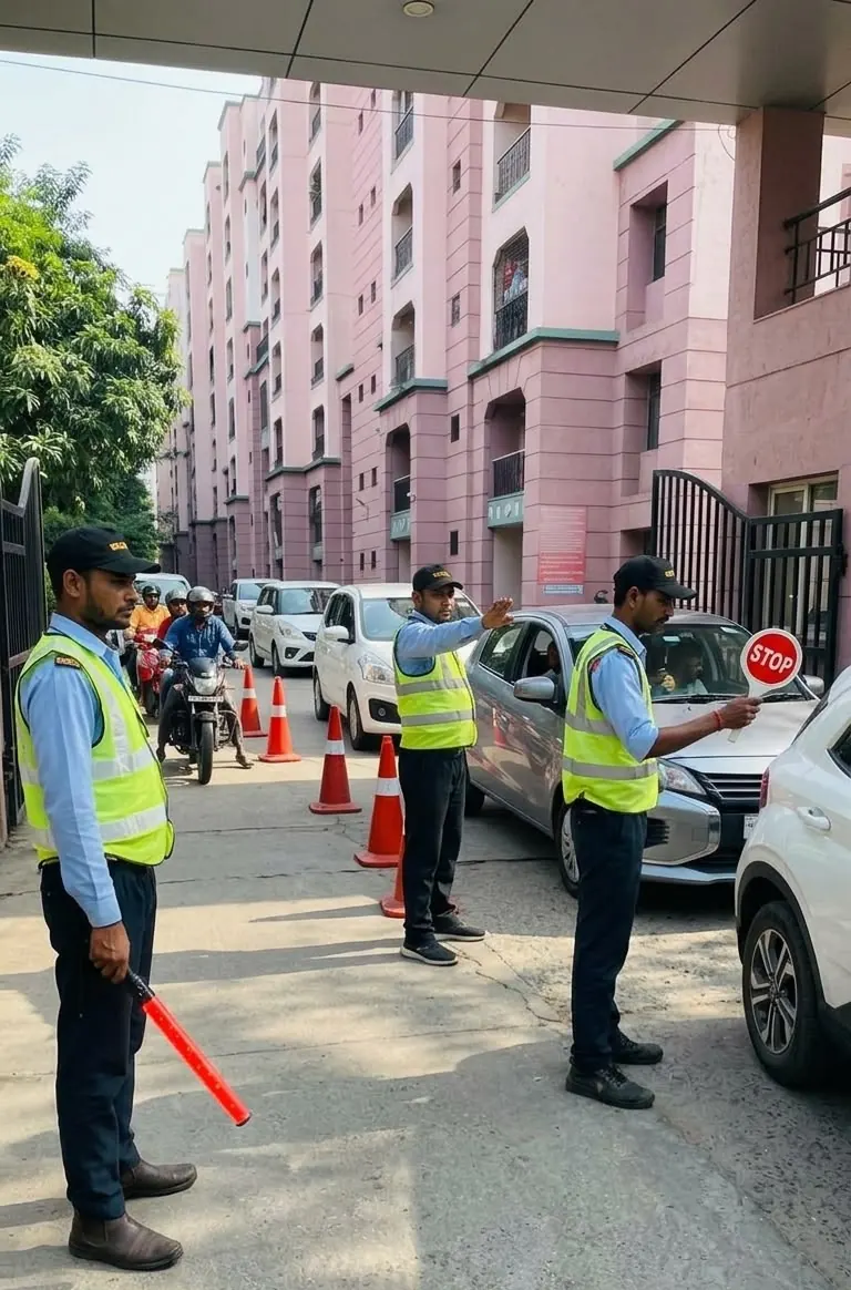 Guards in reflective vests directing vehicles and parking