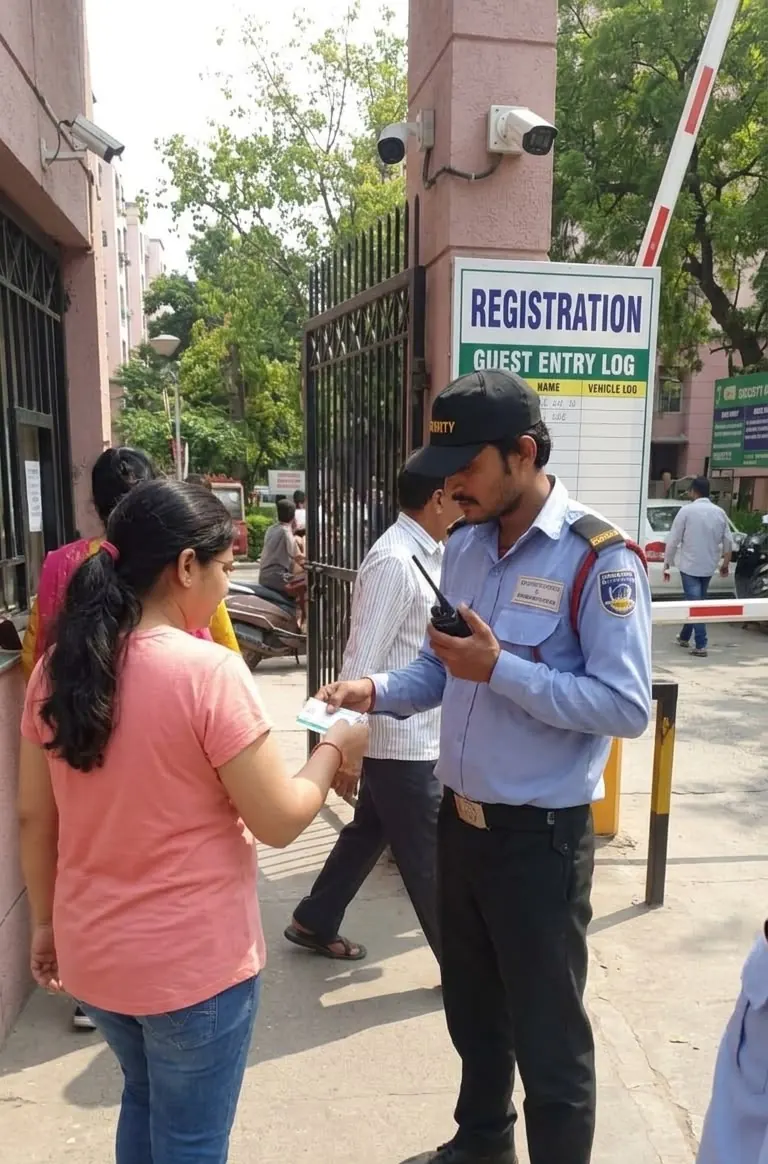 Guard checking a visitor at a housing society gate with a guest entry register